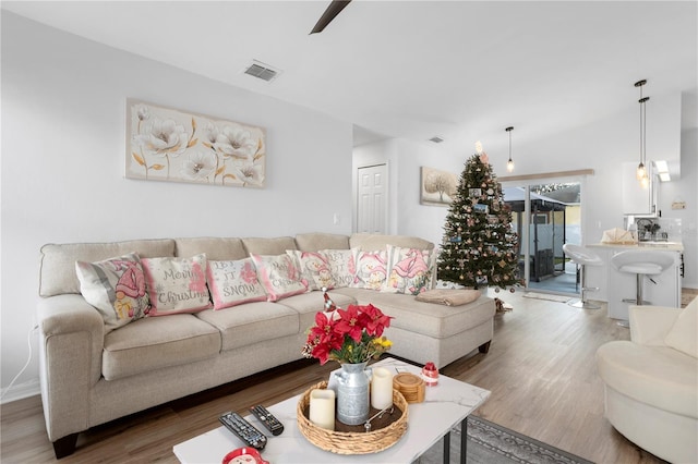 living room featuring hardwood / wood-style floors and lofted ceiling