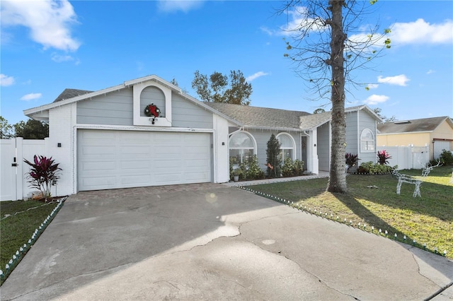 ranch-style home with a garage and a front yard