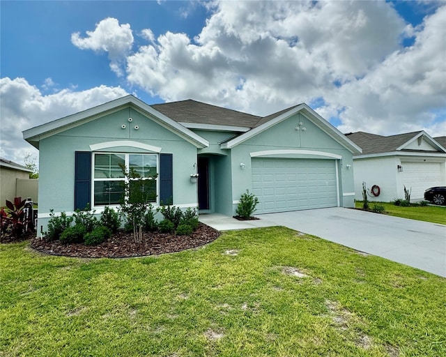 ranch-style house with a front yard and a garage