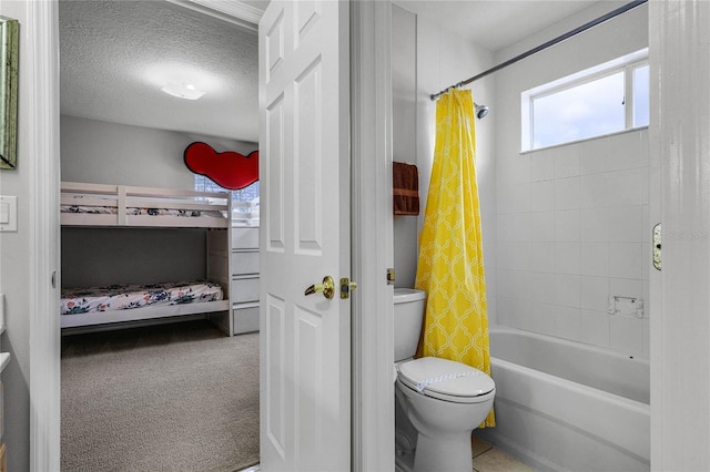 bathroom with shower / tub combo, a textured ceiling, and toilet