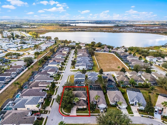 aerial view featuring a water view