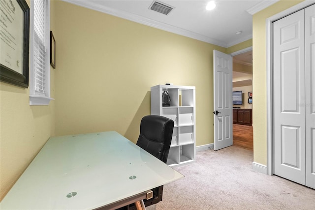 office space featuring light colored carpet and ornamental molding