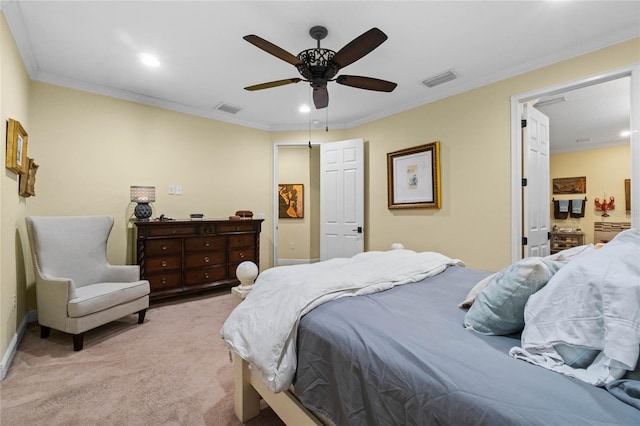 carpeted bedroom featuring ceiling fan and crown molding