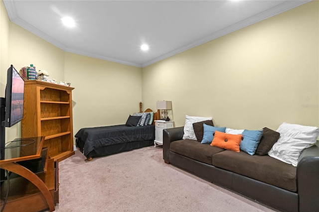 carpeted bedroom featuring crown molding