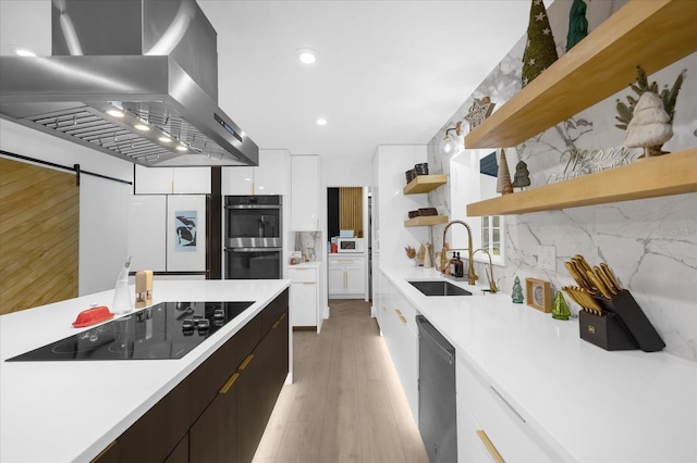 kitchen with white cabinets, wall chimney range hood, sink, a barn door, and stainless steel appliances