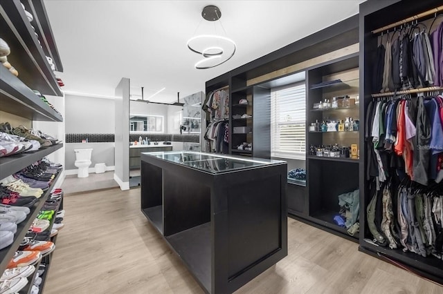 walk in closet with light hardwood / wood-style floors