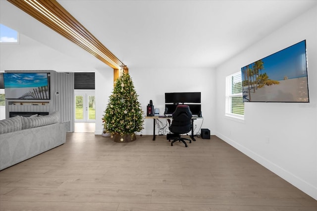 office with french doors and light hardwood / wood-style floors