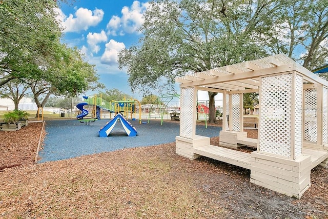 view of playground with a pergola