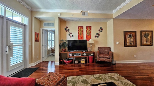 living room featuring hardwood / wood-style floors, a textured ceiling, and ornamental molding