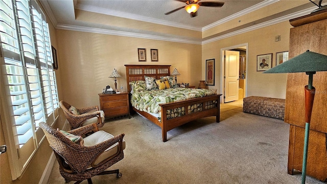 carpeted bedroom with a raised ceiling, multiple windows, ornamental molding, and ceiling fan