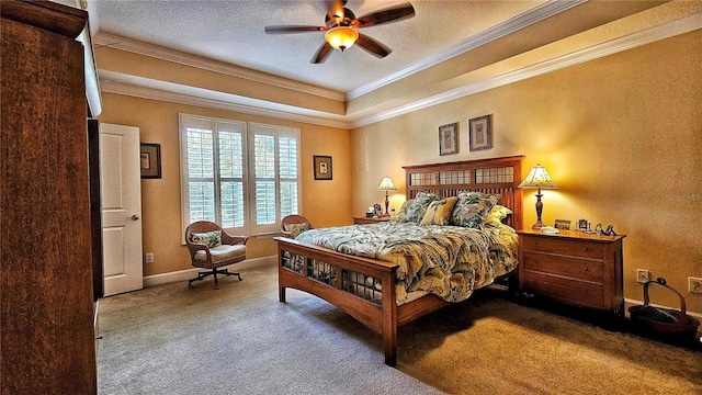 bedroom with carpet, ceiling fan, crown molding, and a textured ceiling