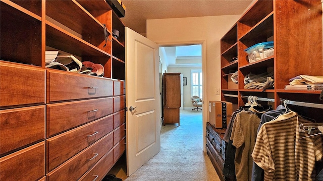 walk in closet with light carpet