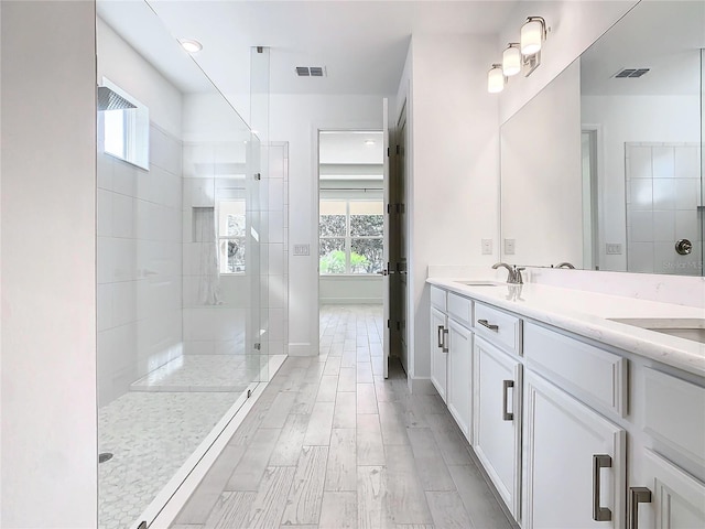 bathroom with a wealth of natural light, vanity, wood-type flooring, and tiled shower