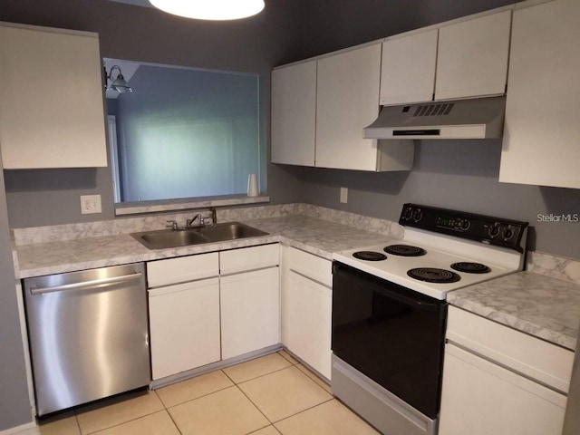 kitchen with light tile patterned flooring, sink, electric range, stainless steel dishwasher, and white cabinets