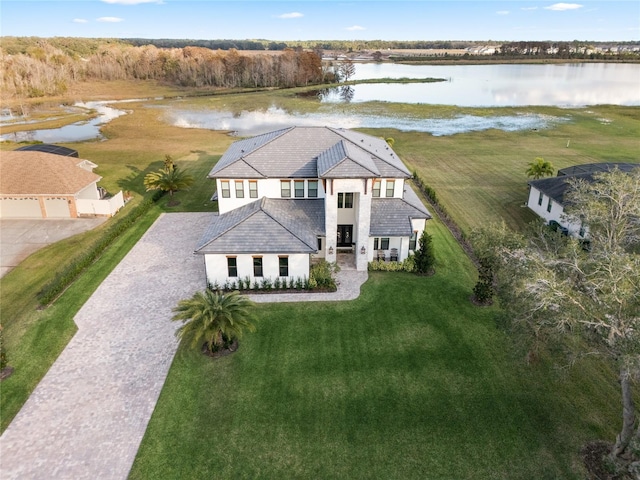 bird's eye view with a water view