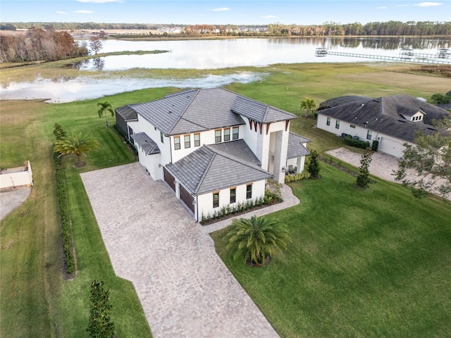 drone / aerial view with a water view