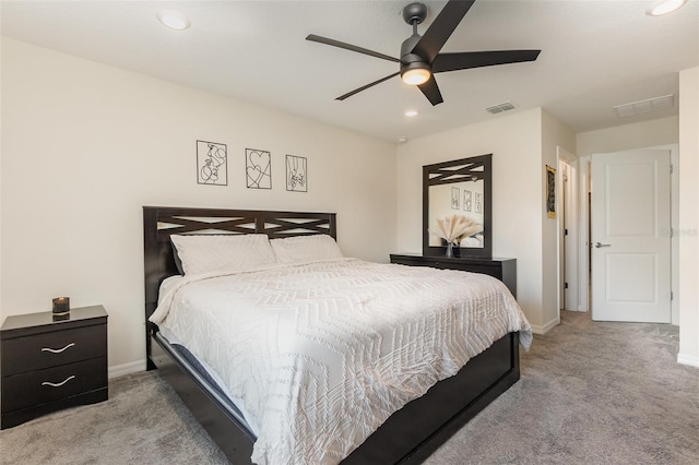 carpeted bedroom featuring ceiling fan