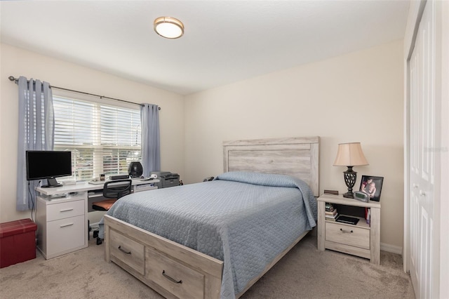 bedroom with a closet and light colored carpet