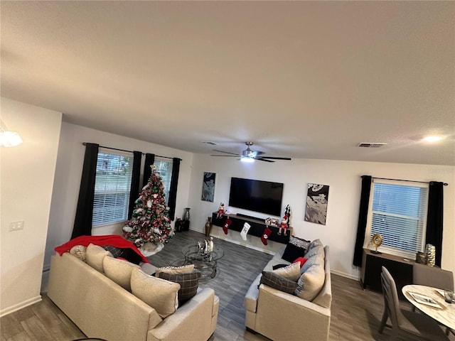 living room with ceiling fan and wood-type flooring