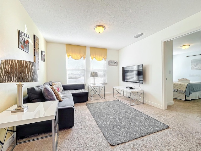 living room featuring carpet flooring and a textured ceiling