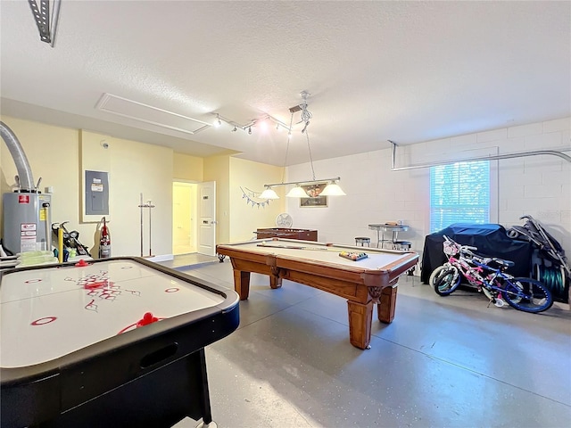 game room with gas water heater, billiards, electric panel, concrete flooring, and a textured ceiling