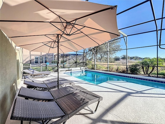 view of pool featuring a patio and a lanai