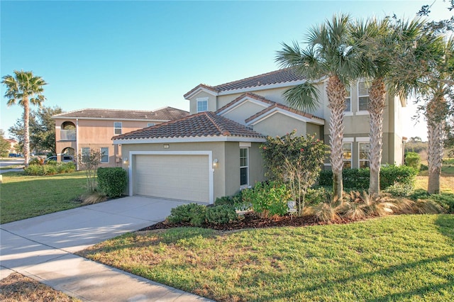 mediterranean / spanish-style house featuring a tile roof, driveway, a garage, a front yard, and stucco siding