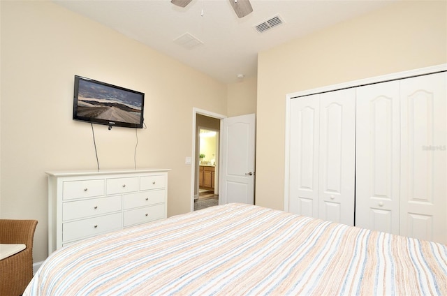 bedroom featuring a closet and ceiling fan