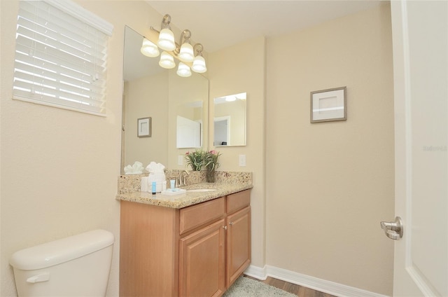 bathroom with vanity, hardwood / wood-style flooring, and toilet