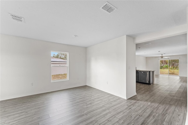 empty room with a wealth of natural light, light hardwood / wood-style flooring, and ceiling fan