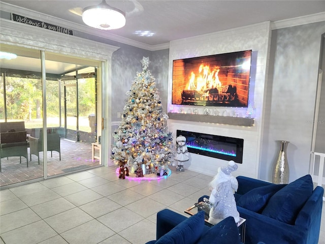 tiled living room featuring crown molding and a fireplace