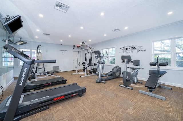 gym featuring crown molding, carpet floors, and a textured ceiling