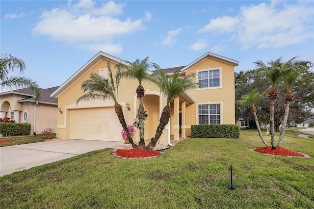 mediterranean / spanish-style home featuring a garage and a front lawn