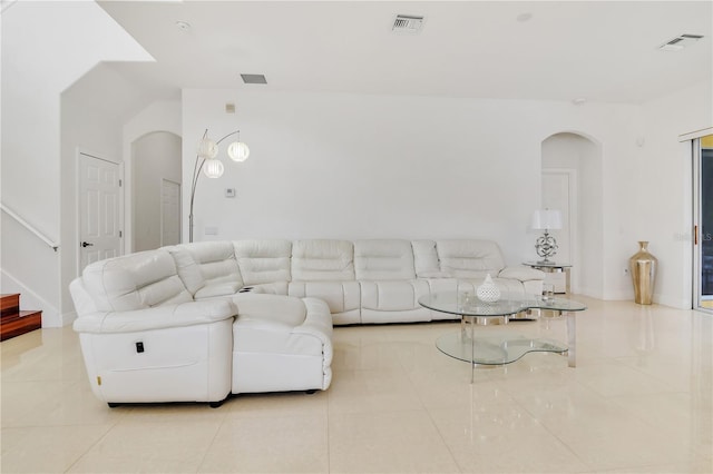 living room featuring light tile patterned floors