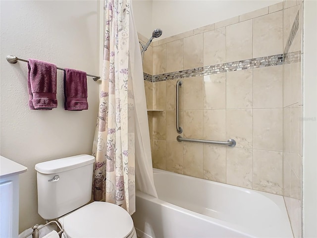 bathroom with toilet and shower / tub combo with curtain