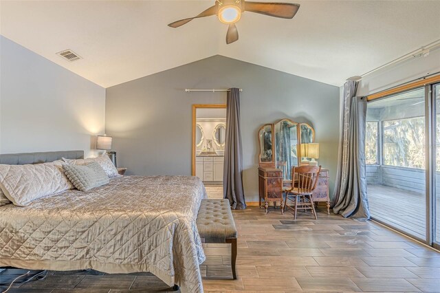 bedroom featuring ceiling fan, access to exterior, and vaulted ceiling