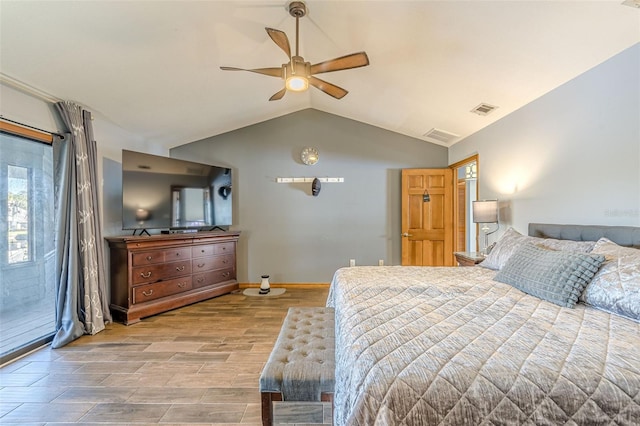 bedroom featuring access to outside, light hardwood / wood-style flooring, ceiling fan, and lofted ceiling