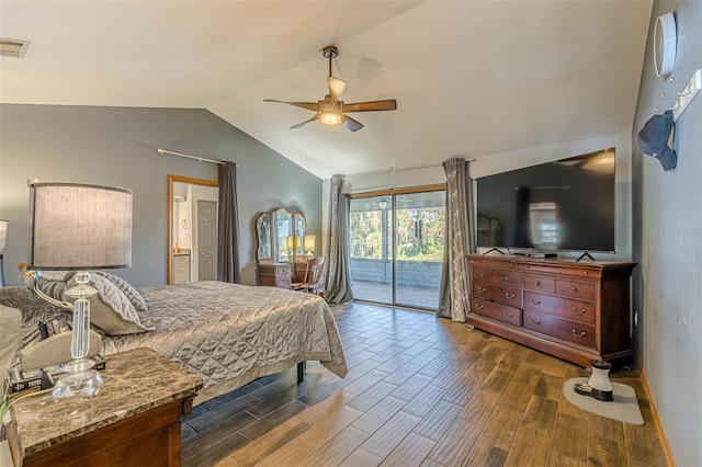 bedroom with ceiling fan, access to exterior, and lofted ceiling