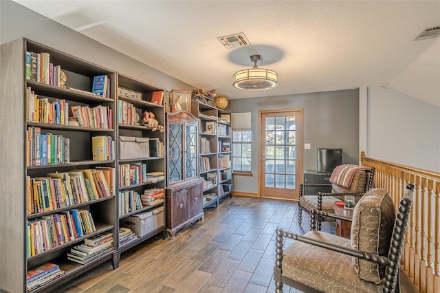 living area featuring lofted ceiling