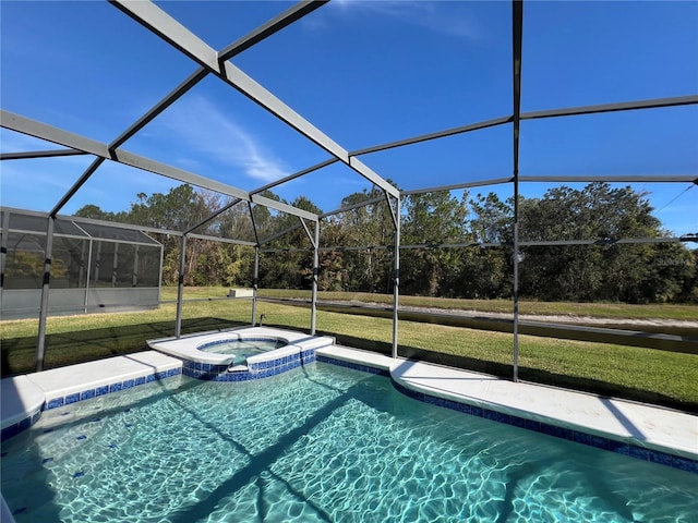 view of pool with glass enclosure, an in ground hot tub, and a yard