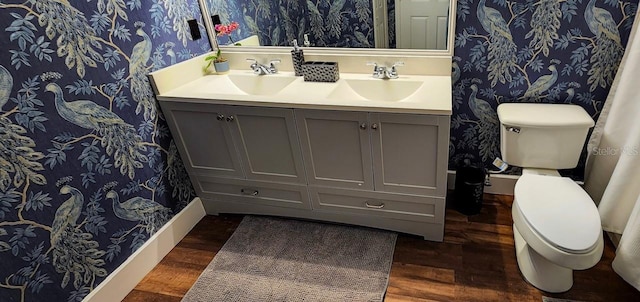 bathroom featuring hardwood / wood-style flooring, vanity, and toilet