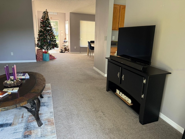 carpeted living room with a textured ceiling