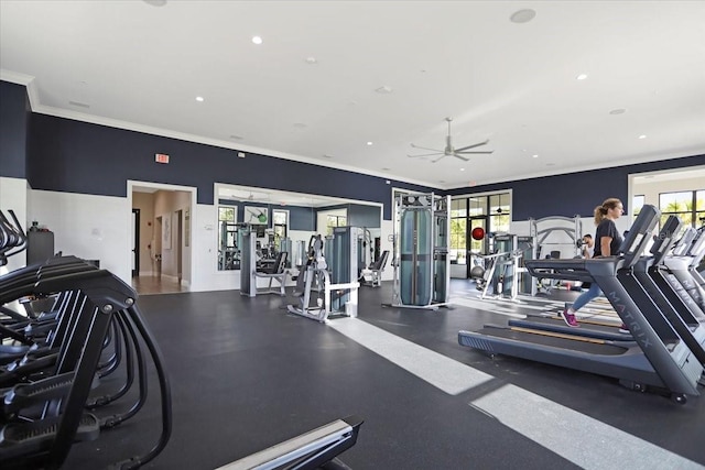 exercise room featuring ceiling fan and crown molding