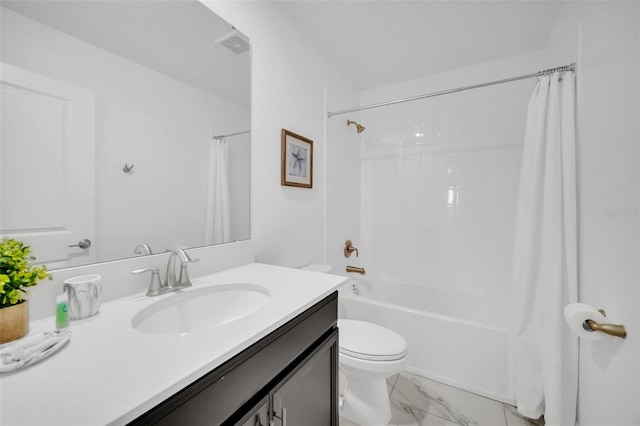 full bathroom with shower / bath combo with shower curtain, vanity, and toilet