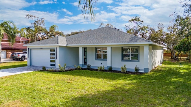 ranch-style home featuring a front lawn, a porch, and a garage