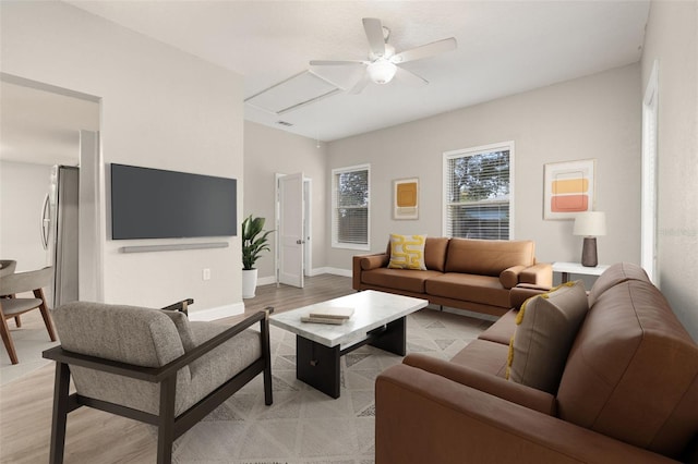 living room with ceiling fan and light hardwood / wood-style flooring