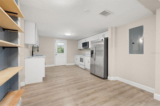 kitchen with sink, light hardwood / wood-style flooring, electric panel, white cabinets, and appliances with stainless steel finishes