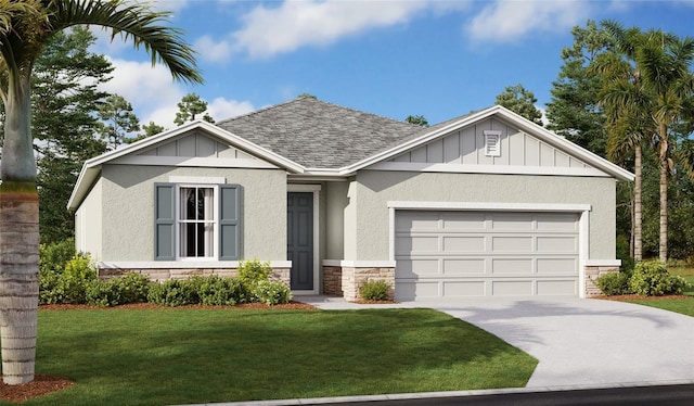 view of front of home with a front yard and a garage