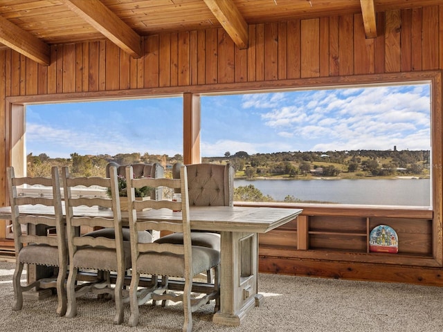 sunroom featuring beam ceiling, a water view, and wood ceiling