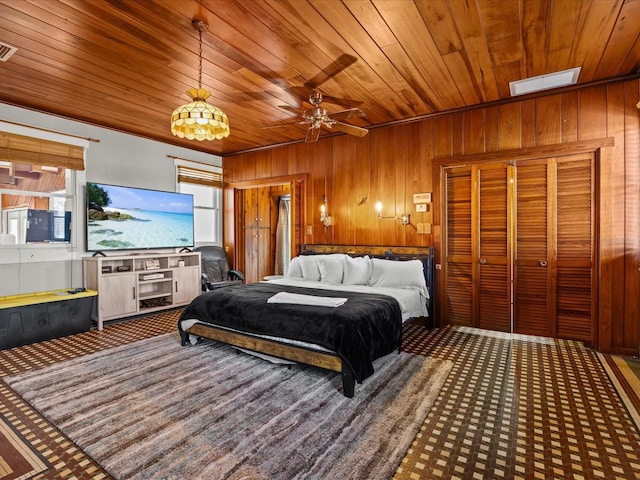 bedroom featuring wood walls, ceiling fan, and wooden ceiling